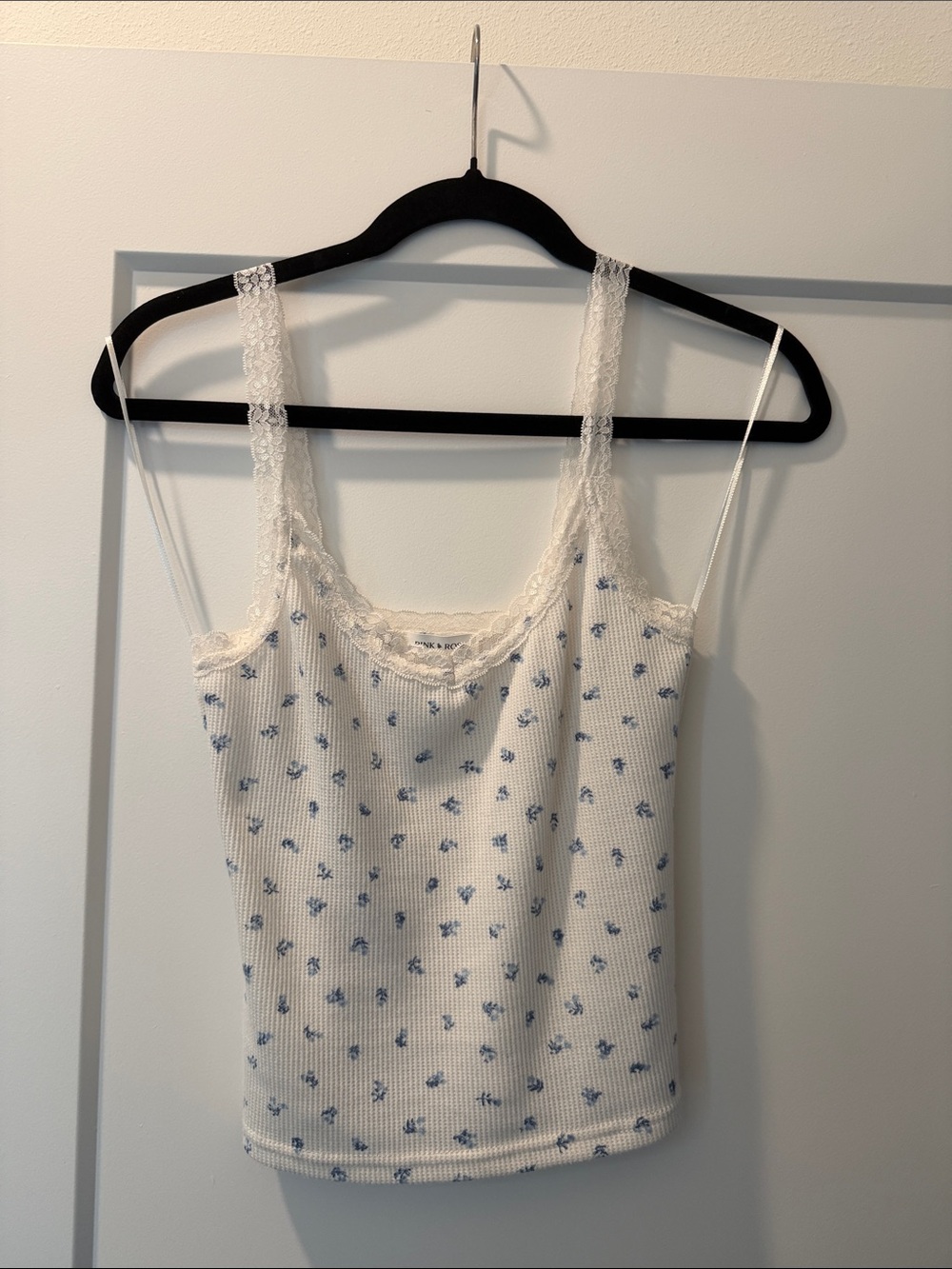 Pink Rose White Cami with Blue Floral Print and Lace Trim
